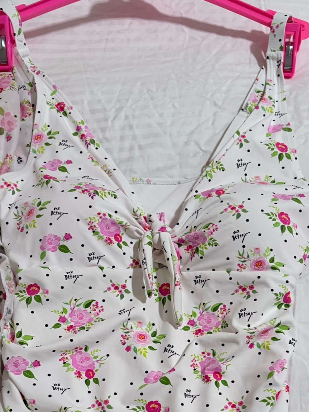 🌸NWT Betsey Johnson 2PC Front Swimsuit & Sarong Polka Dot Bouquet Print Size S